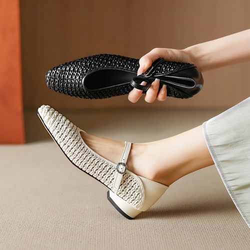 牛皮+编织~2.5cm春夏浅口单鞋软底一字带编织镂空透气玛丽珍凉鞋主图