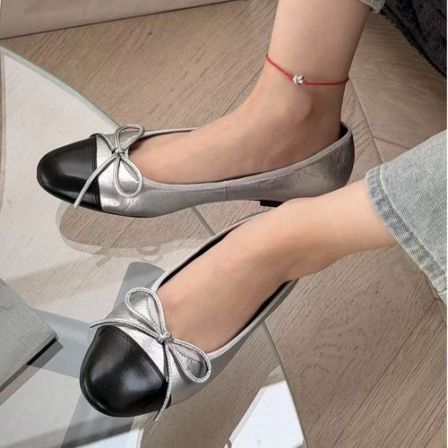 诗歌兰女鞋春季新款小香风单鞋甜美蝴蝶结平底浅口奶奶鞋379-26