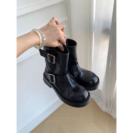 牛皮版~皮带扣西部牛仔靴粗跟马丁靴女英伦风靴子厚底短靴瘦瘦靴