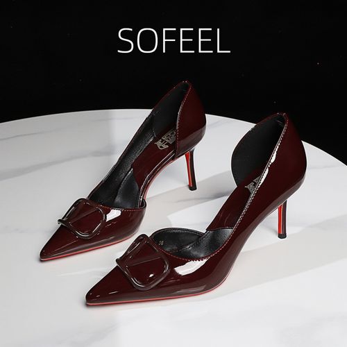 欧美风红底高跟鞋女款爆款2026款春季性感百搭V扣尖头侧空单鞋女主图