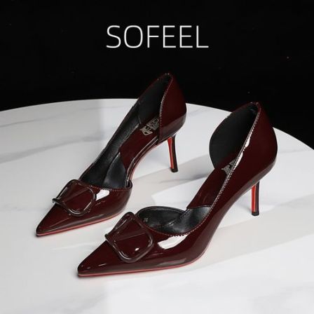 欧美风红底高跟鞋女款爆款2026款春季性感百搭V扣尖头侧空单鞋女