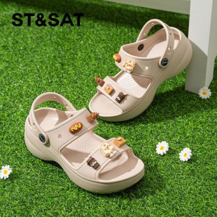 星期六云朵洞洞鞋女士夏季新款厚底防滑凉鞋一字带拖鞋沙滩鞋透气