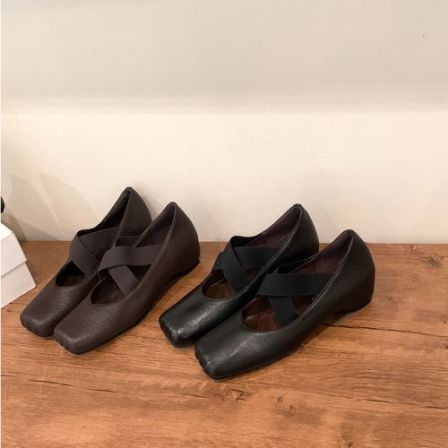 法式复古交叉带单鞋内增高软底方头玛丽珍浅口单鞋芭蕾舞时装女鞋