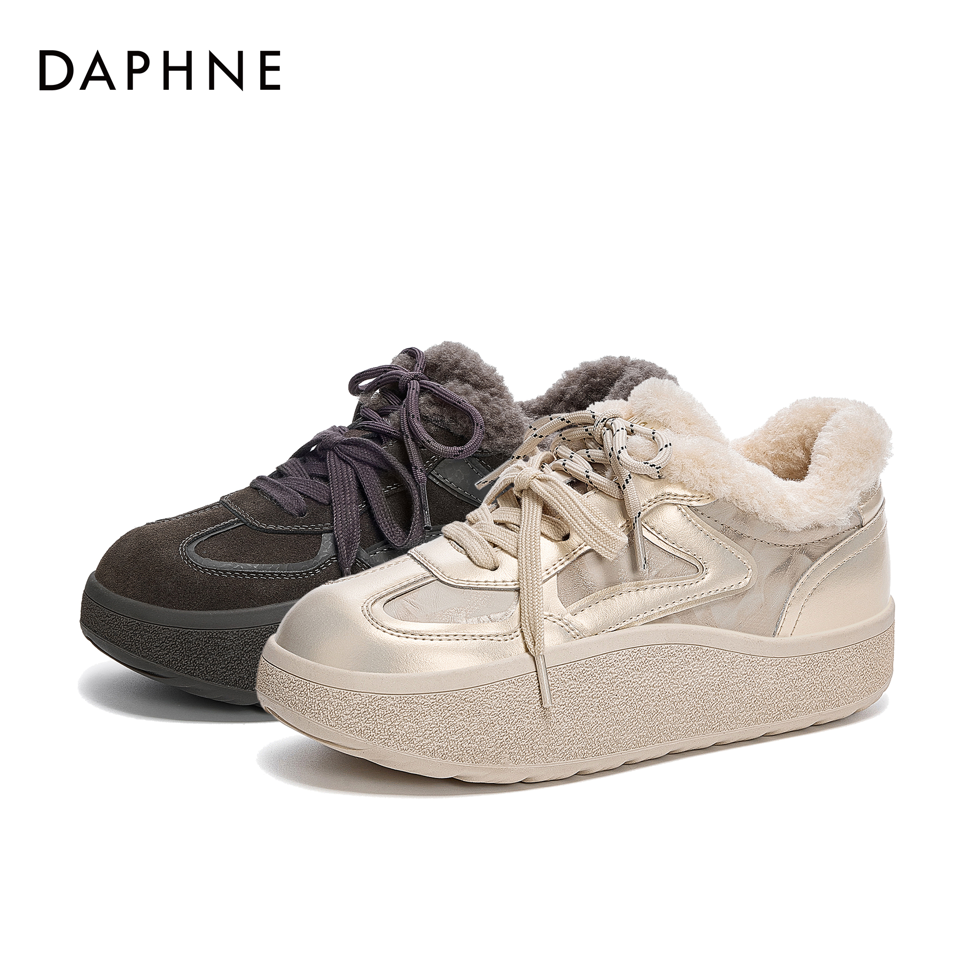 2025达芙妮韩系甜酷加绒板鞋厚底毛绒边松糕鞋时尚拼色保暖休闲鞋主图