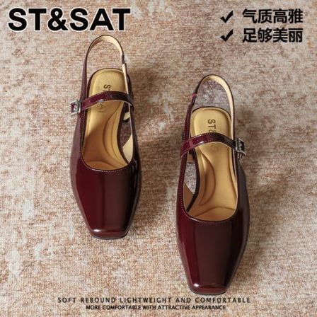 星期六时尚高雅酒红色单鞋女士新款配裙浅口增高一字扣带包头凉鞋