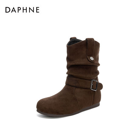 达芙妮2025年秋季新款绒面磨砂短靴女时尚百搭复古圆头粗跟堆堆靴