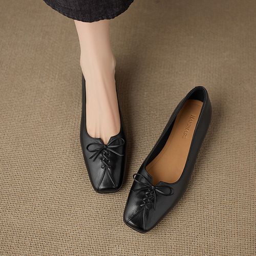 软牛皮法式方头浅口单鞋软底奶奶鞋蝴蝶结系带玛丽珍粗跟真皮女鞋主图