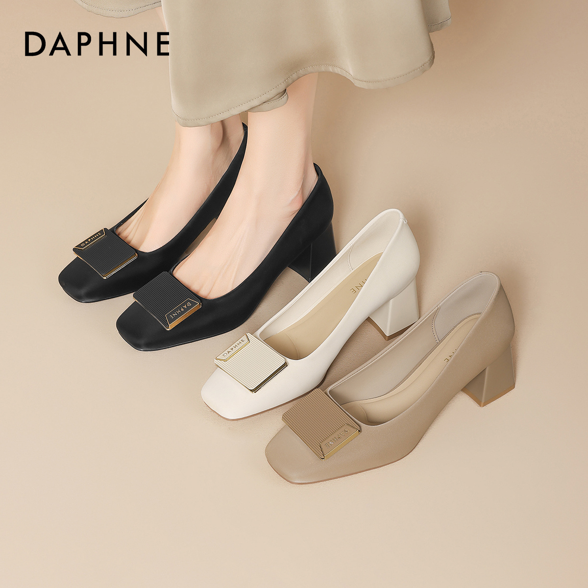 Daphne/达芙妮时尚方头单鞋女士浅口粗跟高跟鞋气质配裙子宴会鞋主图