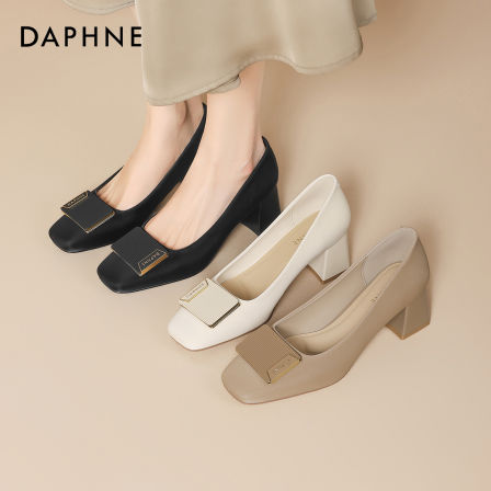 Daphne/达芙妮时尚方头单鞋女士浅口粗跟高跟鞋气质配裙子宴会鞋