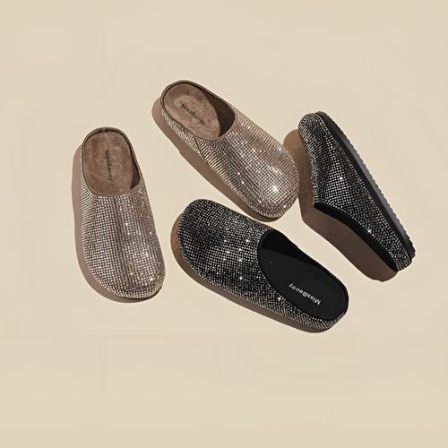 勃肯鞋半拖欧洲站厚底包头半拖鞋女平底水钻一脚蹬无后跟勃肯半拖