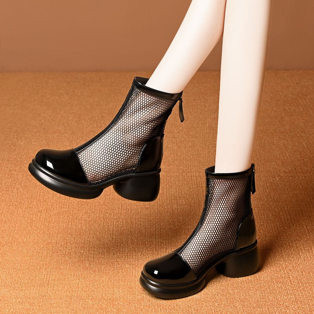 头层牛皮圆头厚底网纱镂空凉靴女夏季新款透气真皮舒适粗跟马丁靴主图