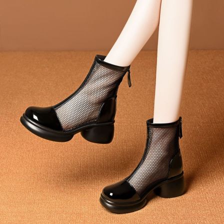 头层牛皮圆头厚底网纱镂空凉靴女夏季新款透气真皮舒适粗跟马丁靴