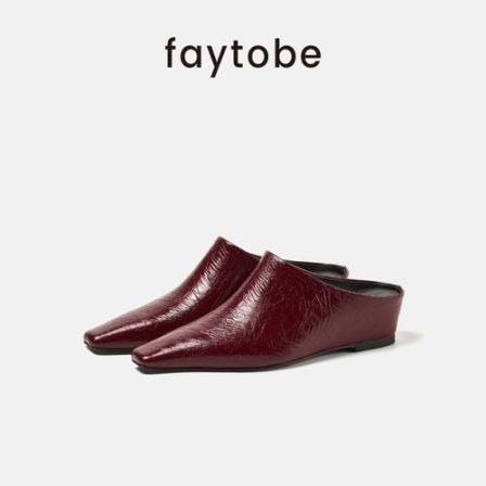 【春上新】faytobe 法式褶皱纹理气质坡跟半拖油蜡羊皮内增高方头包头穆勒鞋
