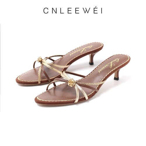 CNLEEWEI26春夏新款复古金棕尖头细跟露趾穆勒高跟凉鞋主图