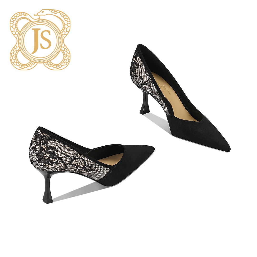 已开价，1217D5624性感蕾丝高跟鞋尖头时尚拼接一脚蹬单鞋2026新款主图