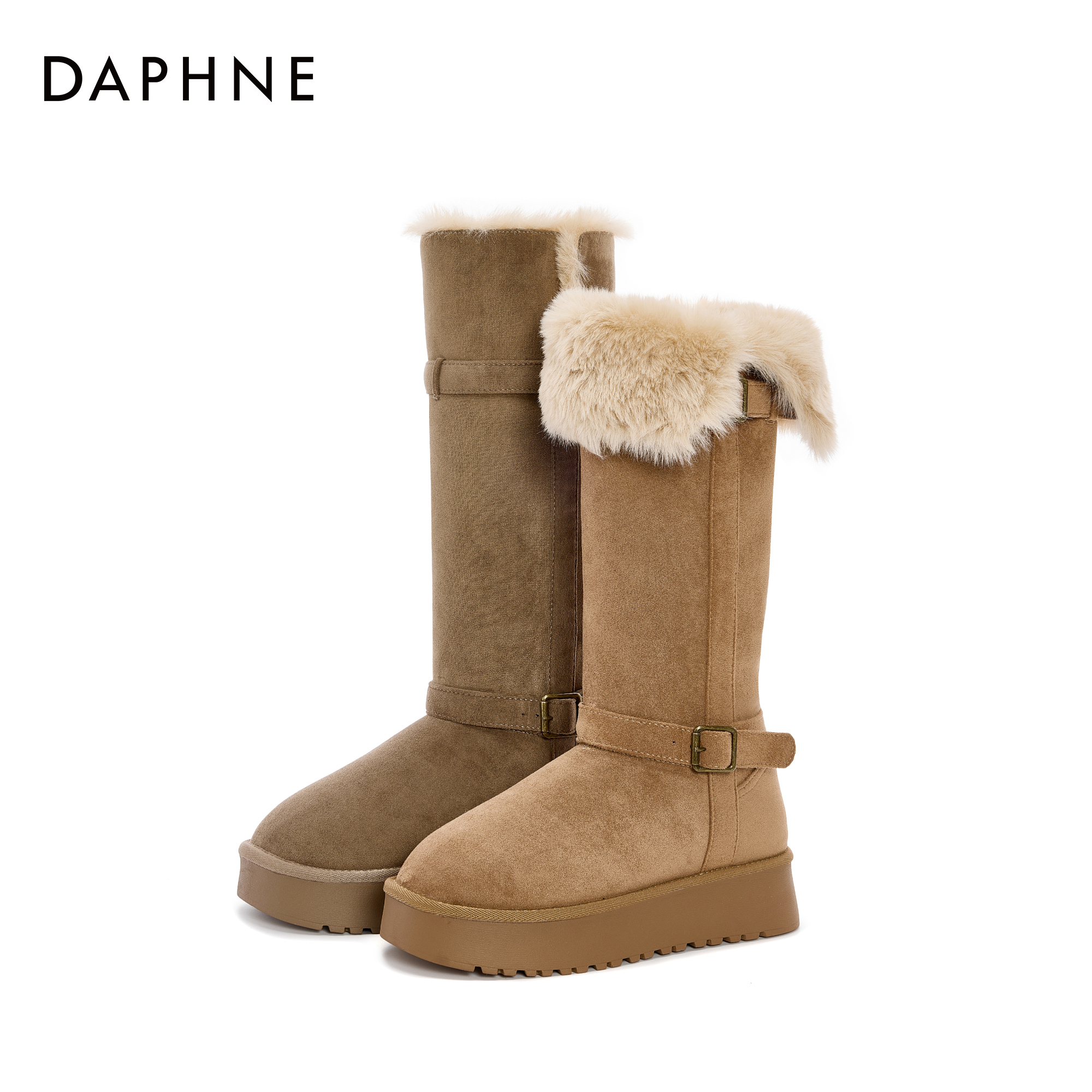 达芙妮冬季新款时尚百搭圆头加绒加厚长筒靴显高过膝时装厚底长靴主图
