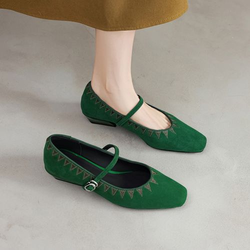 羊皮~2.5cm春秋新款绿色浅口单鞋女软底一字带拼色玛丽珍真皮女鞋主图