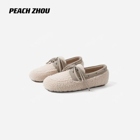 『PEACHZHOU』羊毛牛反绒Miu系乐福鞋平底系带休闲单鞋