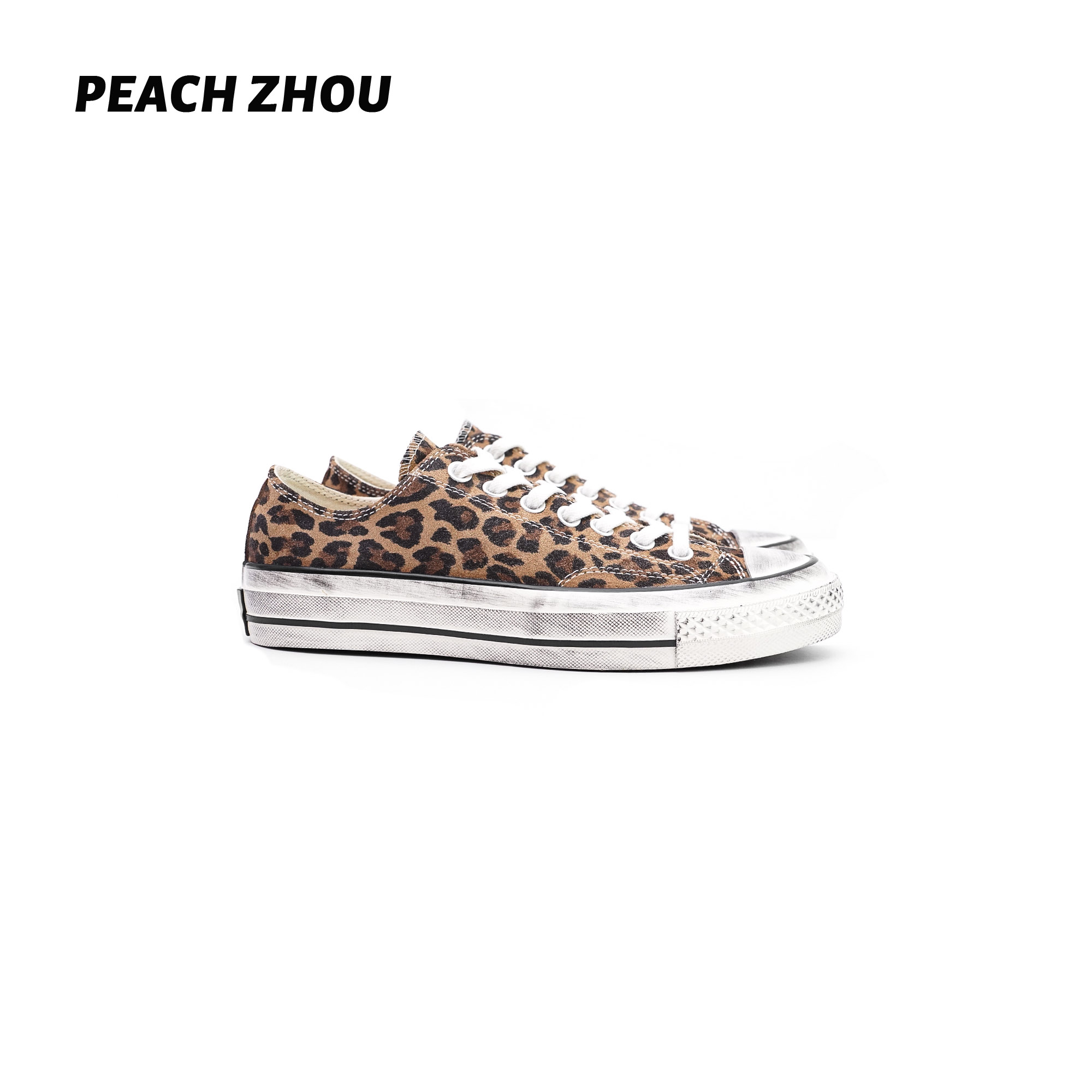 『PEACHZHOU』擦脏做旧水洗豹纹牛反绒低帮帆布鞋系带橡胶休闲女鞋主图
