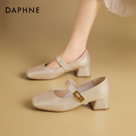 达芙妮方头琥珀流光风粗跟玛丽珍女鞋春季百搭休闲时尚高跟单鞋
