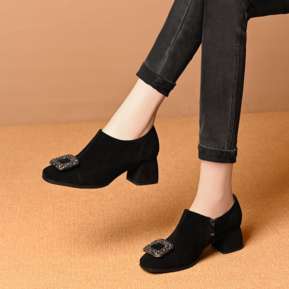 头层羊皮2026春季新款方头磨砂粗跟深口单鞋女水钻绒面中跟真皮鞋主图