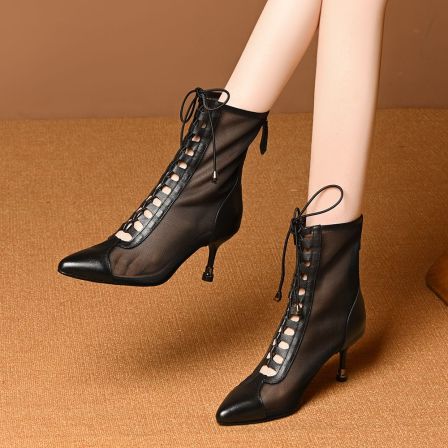 头层牛皮镂空凉靴女细高跟2026春秋洞洞鞋软底透气马丁靴真皮网靴