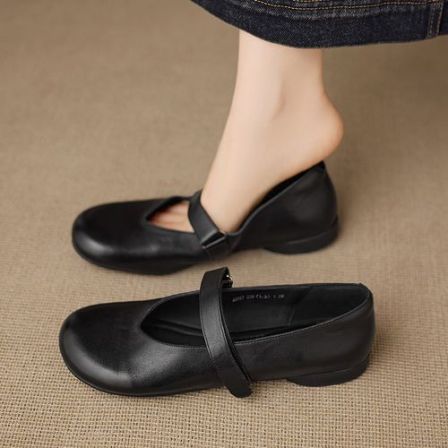 头层牛皮~1.5cm超软浅口单鞋软底玛丽珍平底鞋复古圆头真皮奶奶鞋