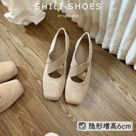十里·6cm单鞋女芭蕾舞鞋高跟方头复古浅口猪鼻子交叉带玛丽珍软底