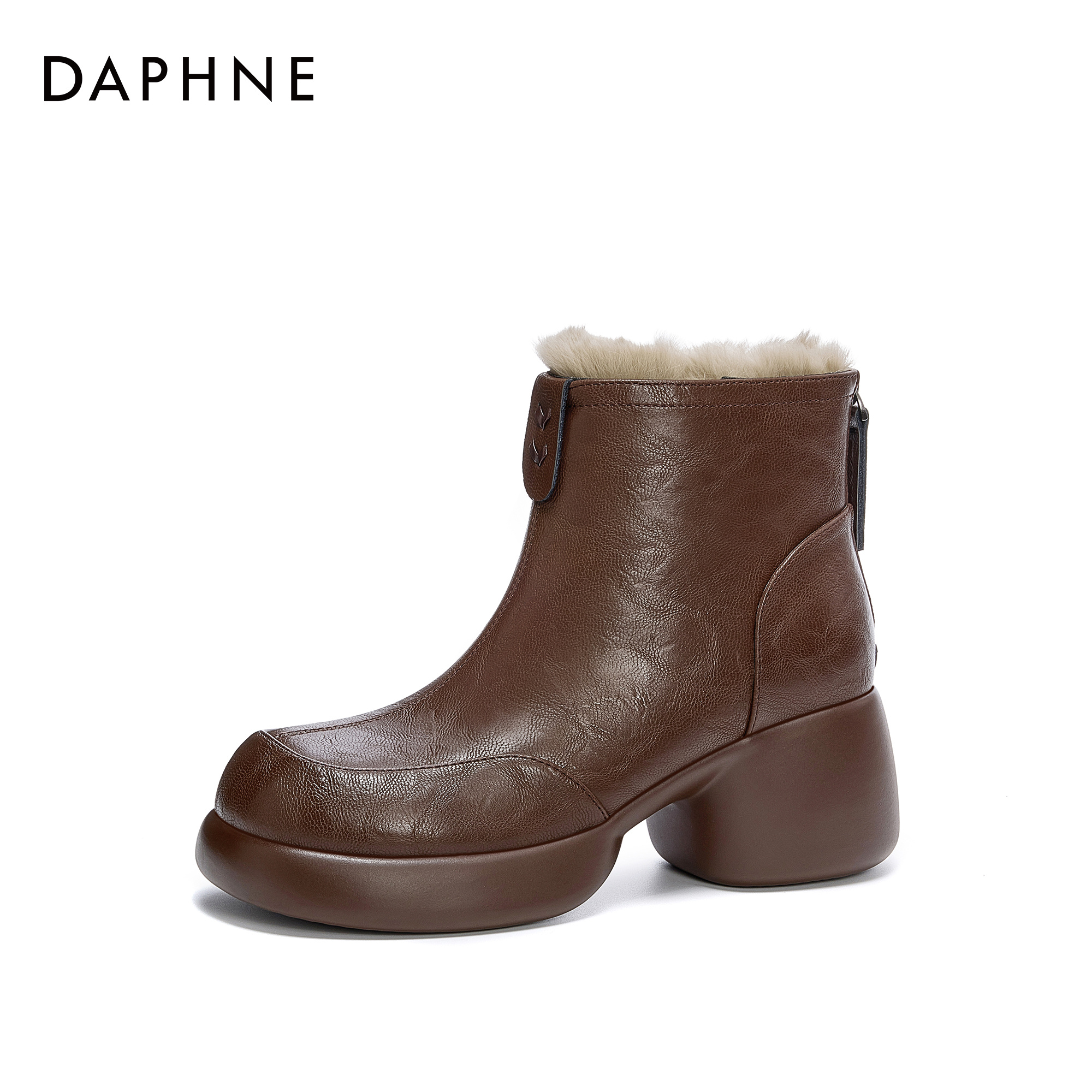 Daphne/达芙妮欧美风马丁靴女冬季粗跟加绒保暖棉靴棕色小短靴主图