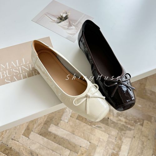 ShinyMuse缪斯定制真皮百搭甜美蝴蝶结厚底方头芭蕾舞平底单鞋主图
