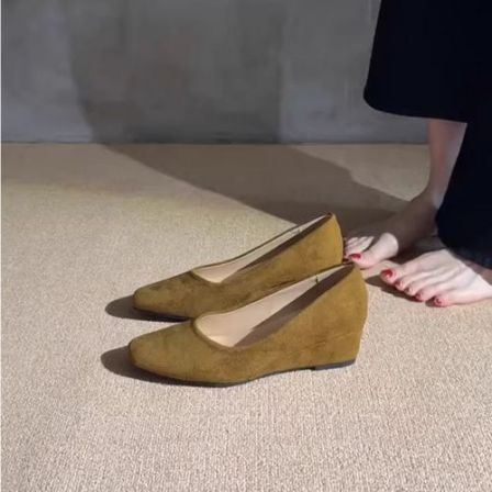 简约复古绒面浅口小单鞋女坡跟一脚蹬方头气质高跟鞋百搭舒适时尚