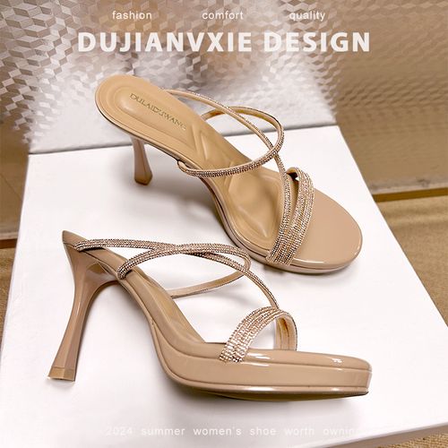 夏季新款裸色圆头细跟高跟鞋女水钻凉鞋气质百搭女鞋防水台拖鞋主图