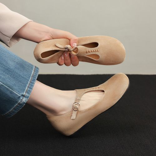 羊皮~3cm圆头浅口单鞋软底内增高玛丽珍真皮女鞋复古芭蕾舞平底鞋主图