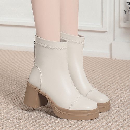 秋冬时尚加绒防滑百搭高跟靴子厚底短靴女单靴女款粗跟小踝靴皮靴主图