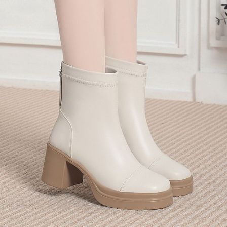 秋冬时尚加绒防滑百搭高跟靴子厚底短靴女单靴女款粗跟小踝靴皮靴