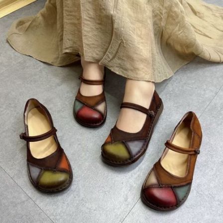 【单里】复古真皮软底圆头拼色71262透气百搭妈妈单鞋平底春秋款