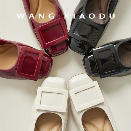 原创【王小毒】简约方扣●3.5cm粗跟浅口单鞋女方头通勤复古跟鞋