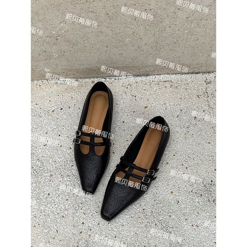 熙贝薇 牛皮小方头手工雕花平底单鞋双排扣一脚蹬鞋子 G6127主图