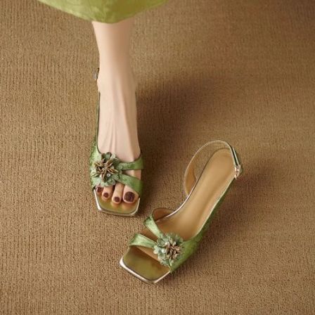 真皮方头露趾凉鞋女款2025新款夏季百搭配裙子气质仙女风高跟鞋女