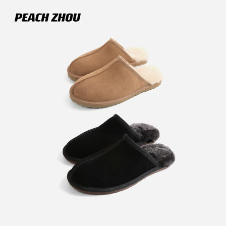 『PEACHZHOU』羊皮毛一体舒适平底包头拖休闲家居外穿一脚蹬毛拖鞋