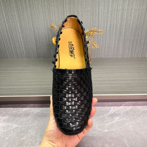 夏季透气手工编织鞋男真皮圆头英伦休闲皮鞋一脚蹬懒人乐福豆豆鞋主图