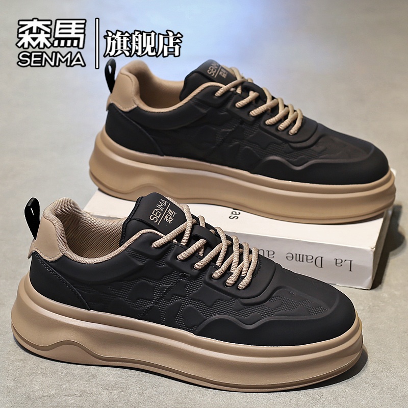 森马男鞋春季百搭时尚增高运动休闲鞋男士防滑低帮黑色皮面板鞋男主图