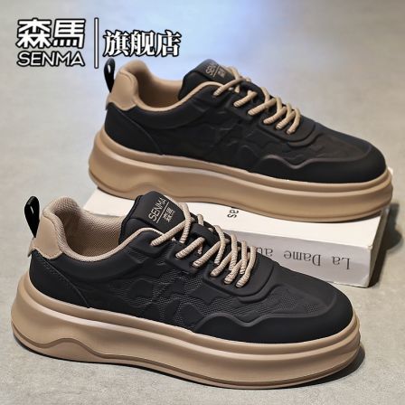 森马男鞋春季百搭时尚增高运动休闲鞋男士防滑低帮黑色皮面板鞋男