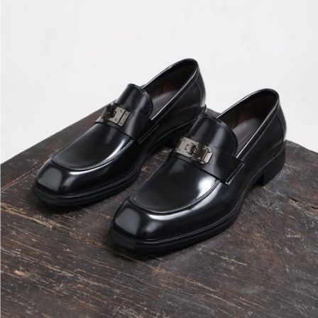 高级感方头一脚蹬乐福鞋男士亮面英伦风商务休闲皮鞋真皮透气鞋子