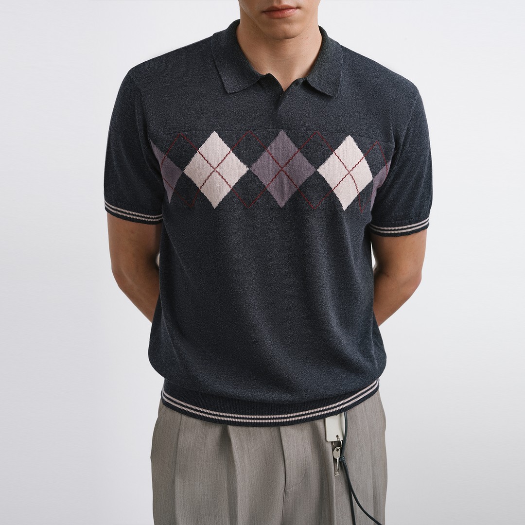 RASS撞色菱格提花毛织polo 针织时尚休闲夏季翻领复古格子半袖男主图