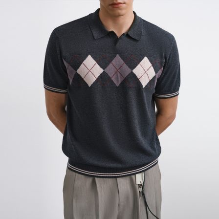 RASS撞色菱格提花毛织polo 针织时尚休闲夏季翻领复古格子半袖男