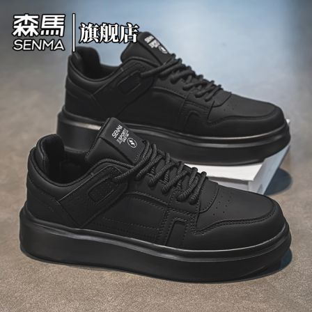 森马男鞋2026春季新款百搭休闲板鞋青少年运动厚底增高纯黑色潮鞋