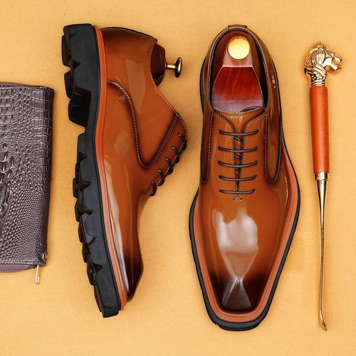 真皮亮面牛津鞋男士潮流休闲皮鞋英伦风正装皮鞋时尚商务通勤鞋主图