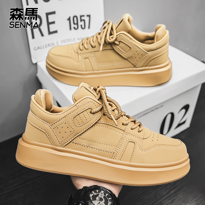 男鞋春季复古百搭休闲潮鞋青少年厚底皮面舒适防滑低帮板鞋男主图