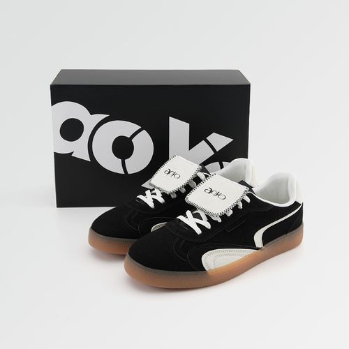 aoyo春季新款复古百搭德训鞋 小众休闲潮鞋绒面拼色系带板鞋主图